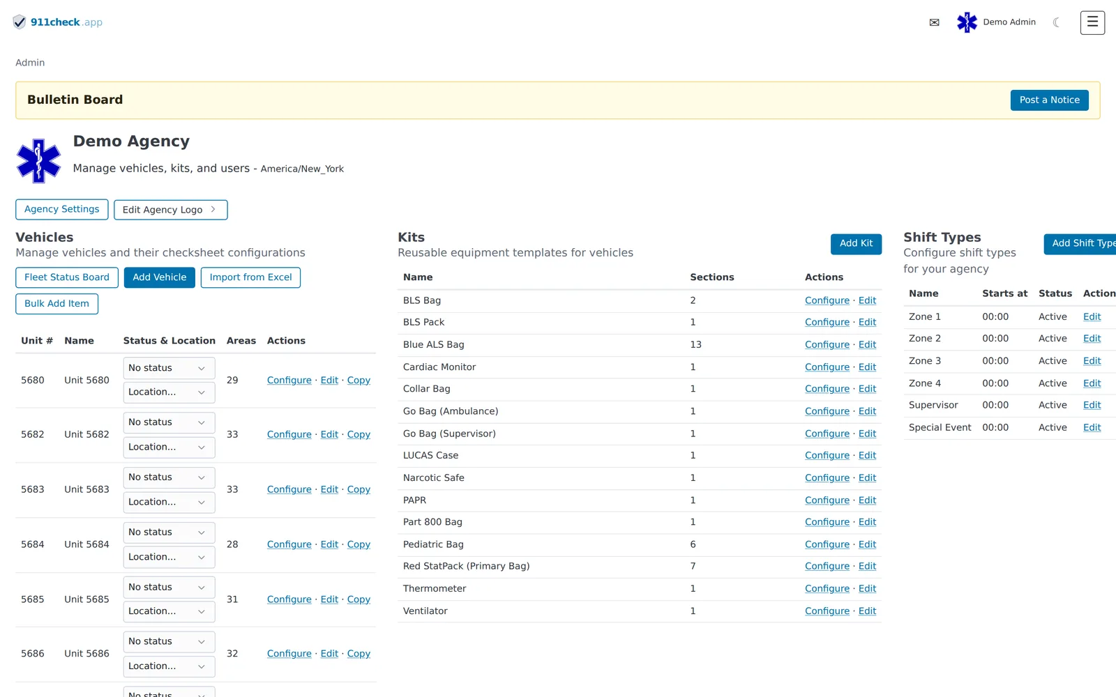 The admin view: vehicles with checksheet configs, reusable equipment kits, and shift types.